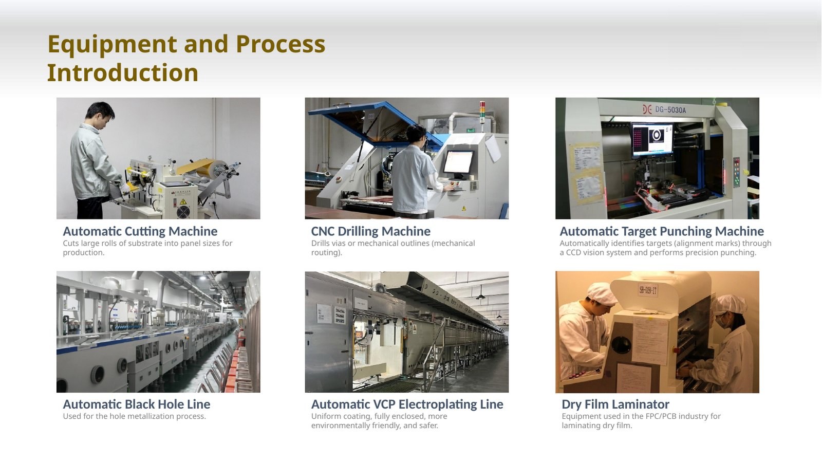 Vtech CircuFlex equipment: cutting, CNC drilling, target punching, black hole, electroplating, dry-film lamination