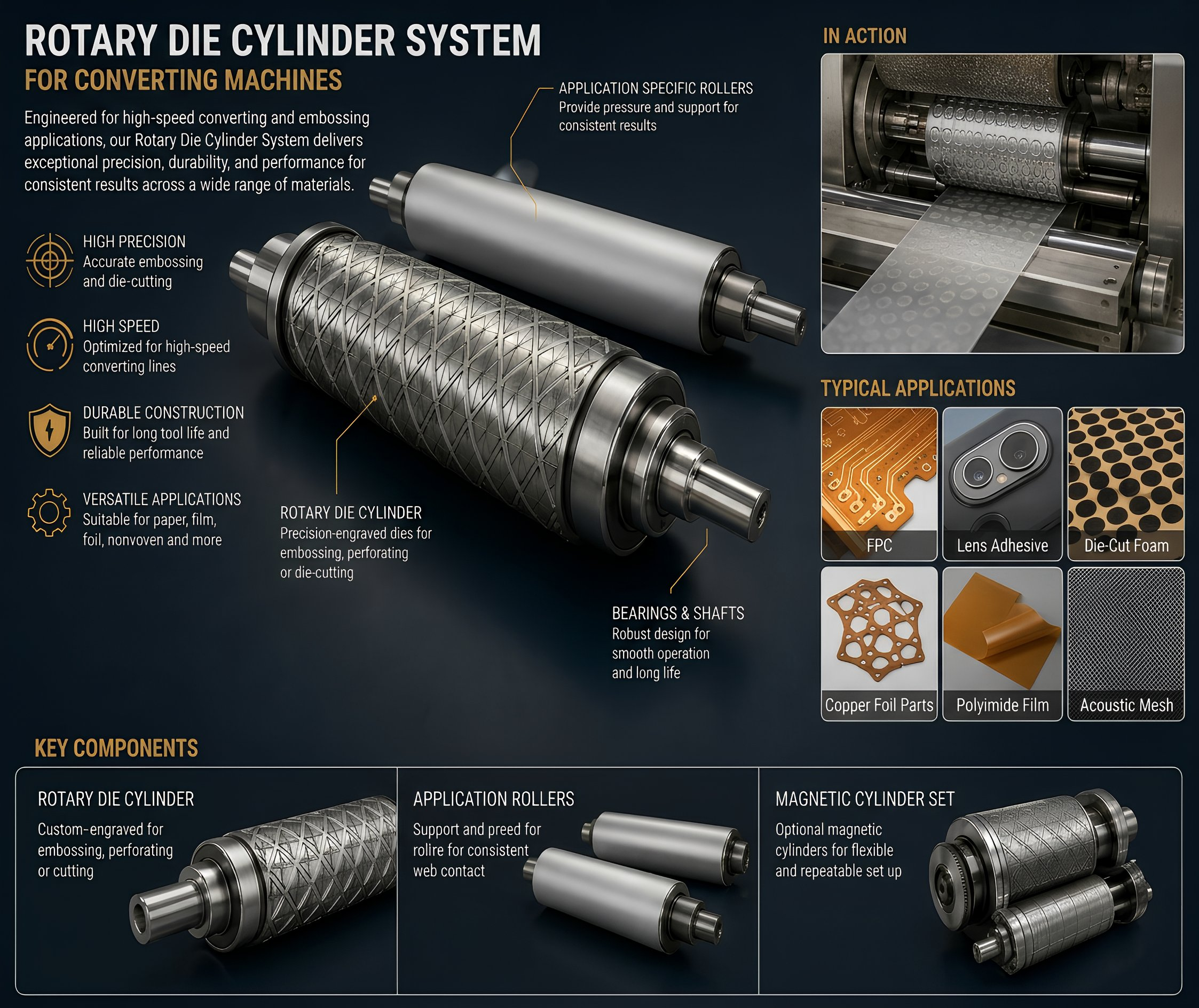 ToolWerz Rotary Die Cylinder System — engraved cylinder, application rollers, magnetic cylinder set, and typical converting applications including FPC, lens adhesive, die-cut foam, copper foil parts, polyimide film, and acoustic mesh.